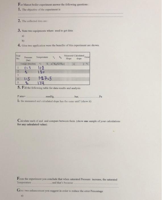 Solved For Marcet boiler experiment answer the following | Chegg.com