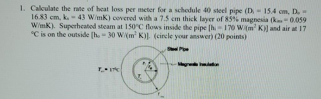 Solved 1. Calculate the rate of heat loss per meter for a | Chegg.com