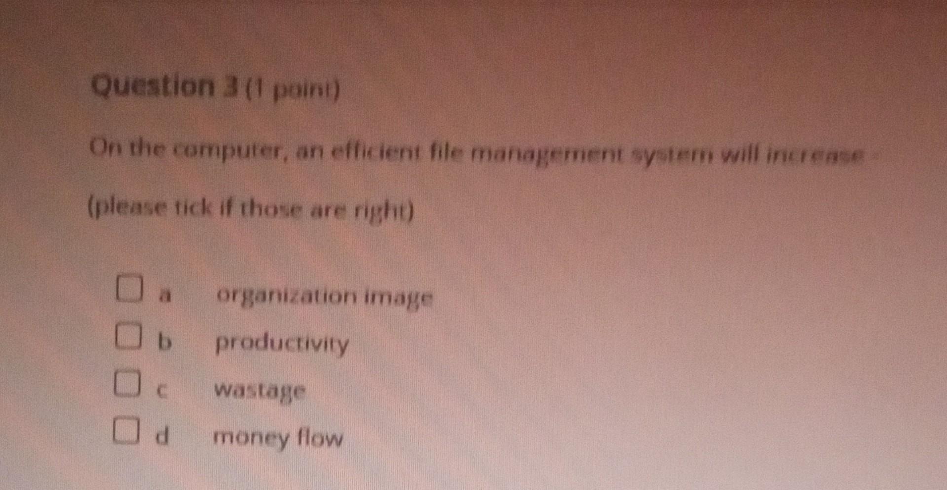 On the camputer, an efficient file management system will inctease (please tick if those are right)
a organization image
b pr