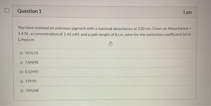 Solved Question 1 1 pts You have isolated an unknown pigment | Chegg.com