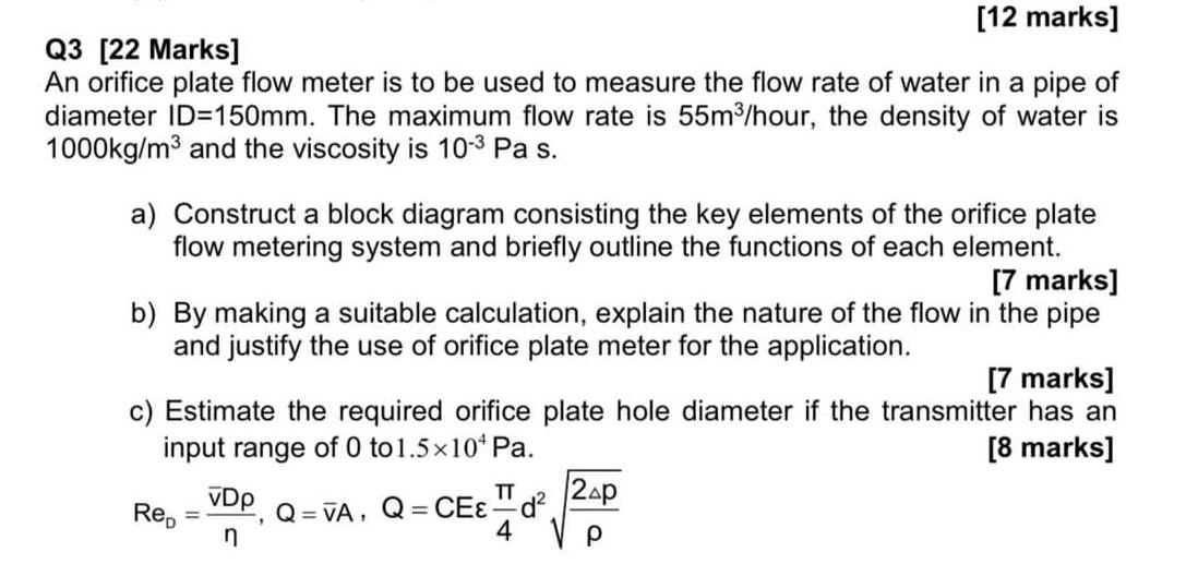 Solved [12 marks] Q3 [22 Marks] An orifice plate flow meter | Chegg.com