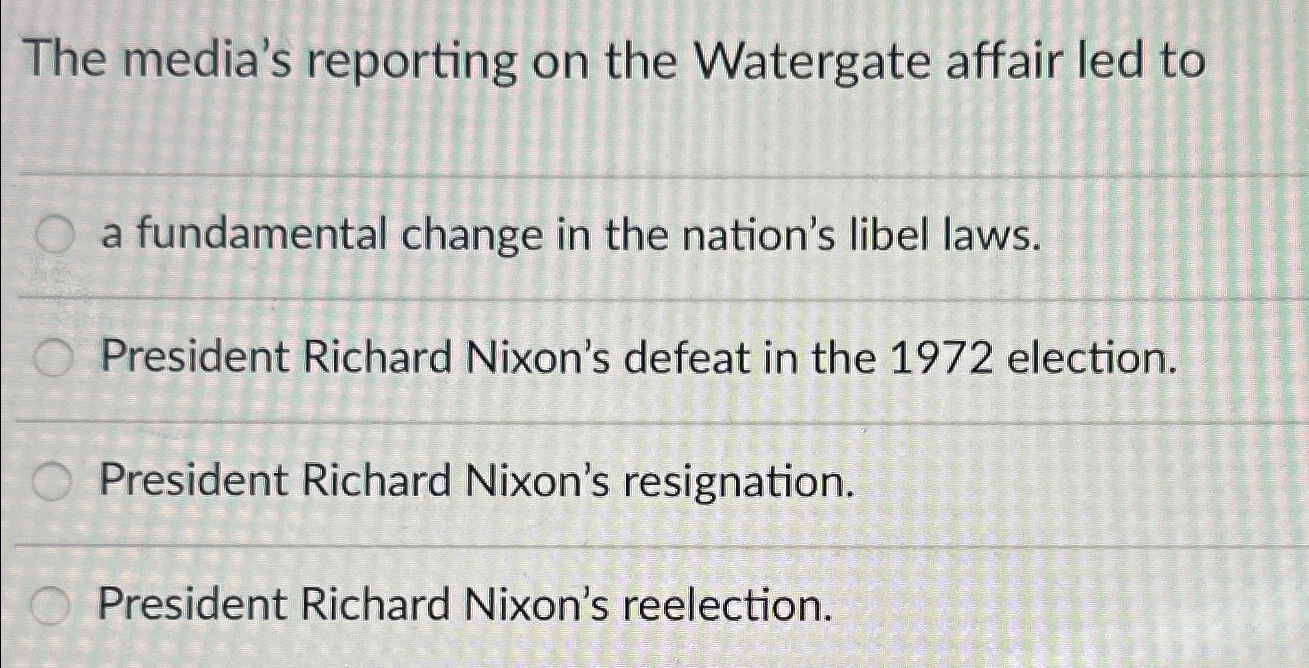Solved The media's reporting on the Watergate affair led to | Chegg.com