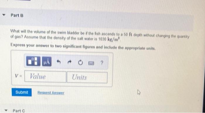 What will the volume of the swim bladder be if the fish ascends to a \( 50 \mathrm{ft} \) depth without changing the quantity