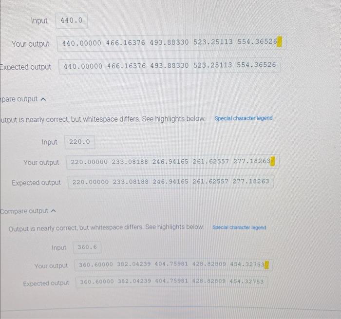 utput is nearly correct, but whitespace differs. See highlights below.  Input  Your output \( 220.00000 \quad 233.08188 \quad 2