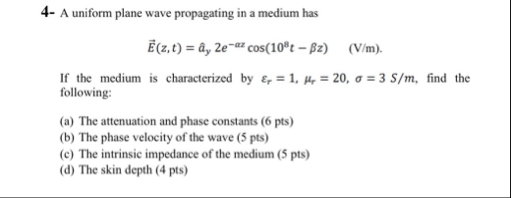 Solved 4- ﻿A uniform plane wave propagating in a medium | Chegg.com