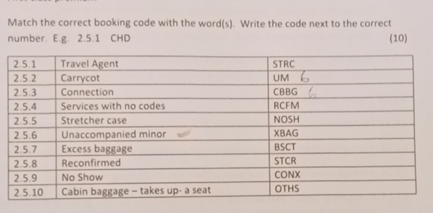 Solved Match the correct booking code with the word(s). | Chegg.com