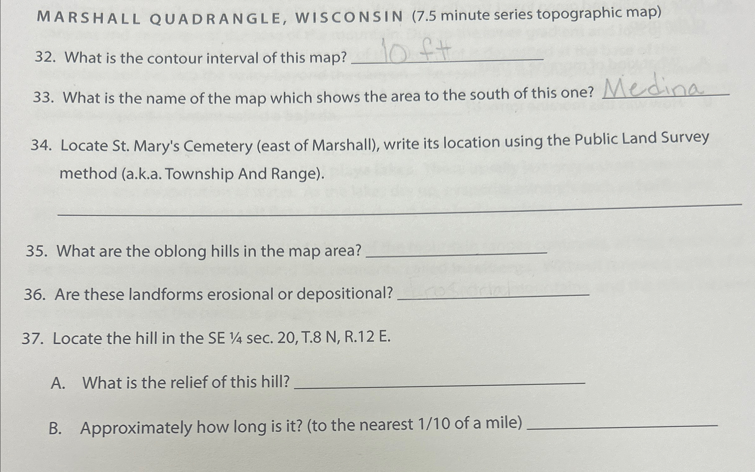 Solved MARSHALL QUADRANGLE, WISCONSIN (7.5 ﻿minute series | Chegg.com