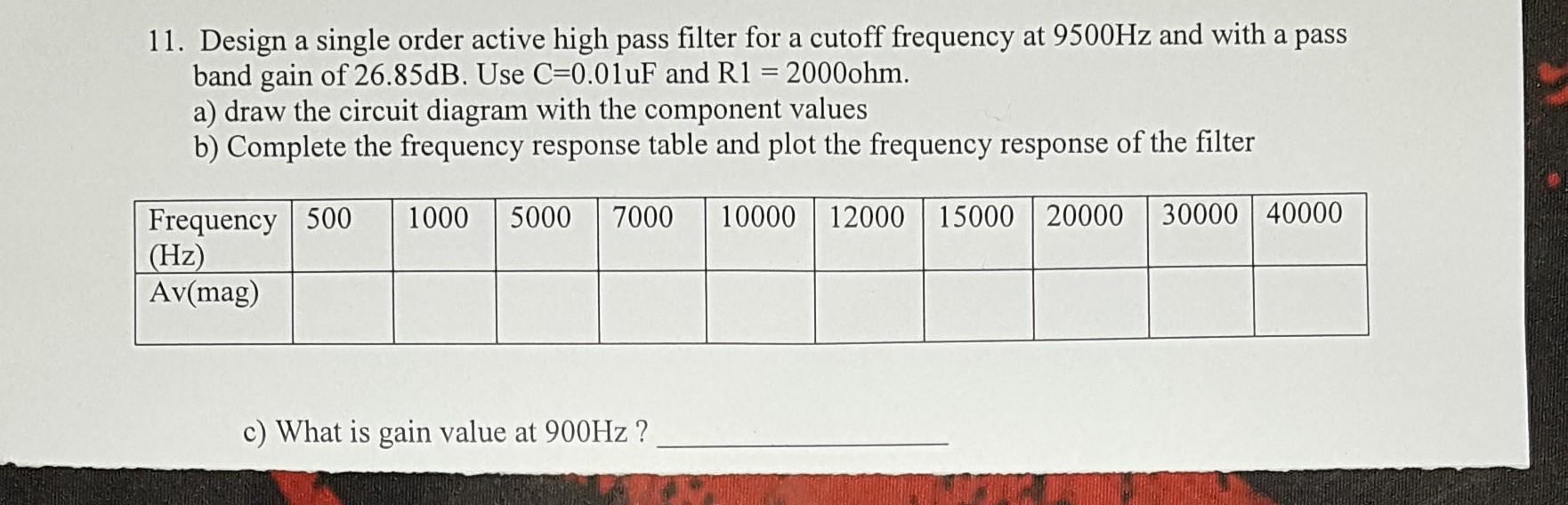 Solved 11. Design a single order active high pass filter for | Chegg.com