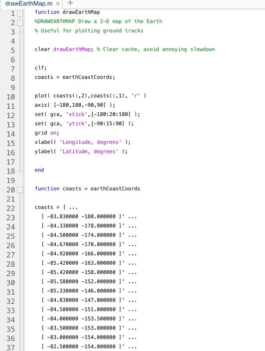Solved 1. Using the posted drawEarthMap.m, write Matlab code | Chegg.com