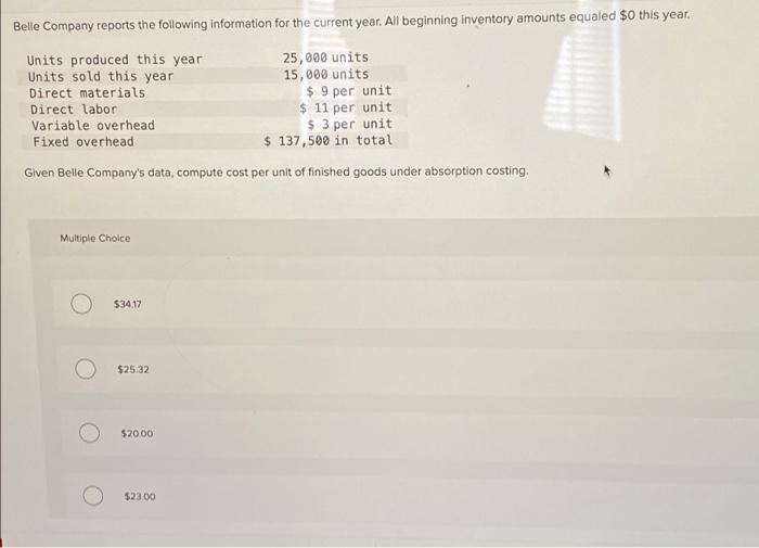 Solved Belle Company reports the following information for