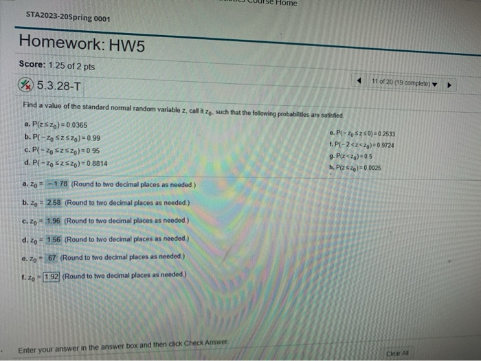 Solved STA2023-20Spring 0001 Homework: HW5 Score: 1 25 of 2 | Chegg.com