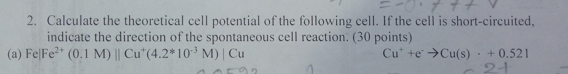 Solved 2. Calculate The Theoretical Cell Potential Of The | Chegg.com