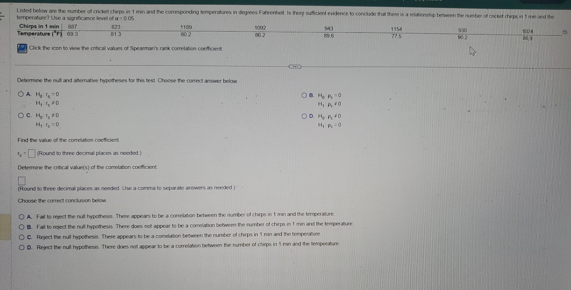 Solved Listed below are the number of cricket chirps in 1 | Chegg.com