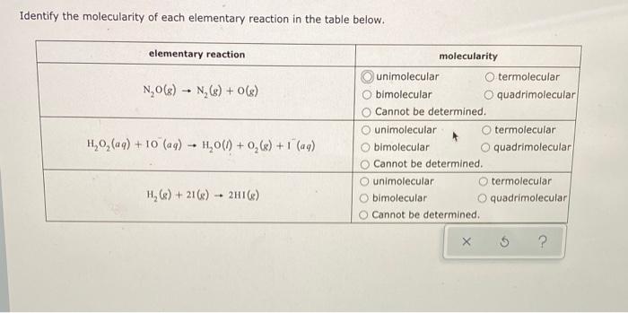 Solved Identify the molecularity of each elementary reaction | Chegg.com