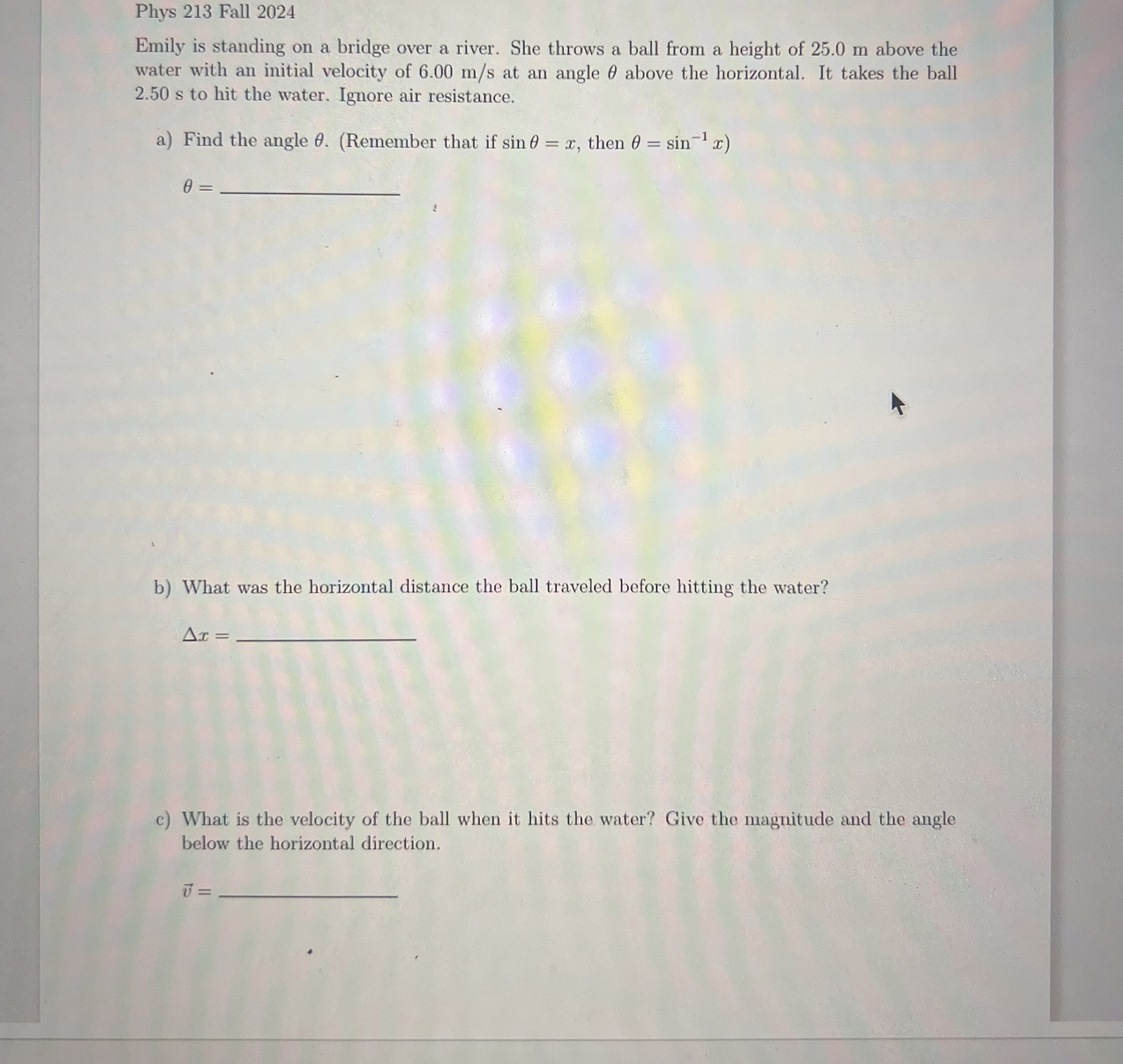 Solved Phys 213 ﻿Fall 2024Emily is standing on a bridge over | Chegg.com