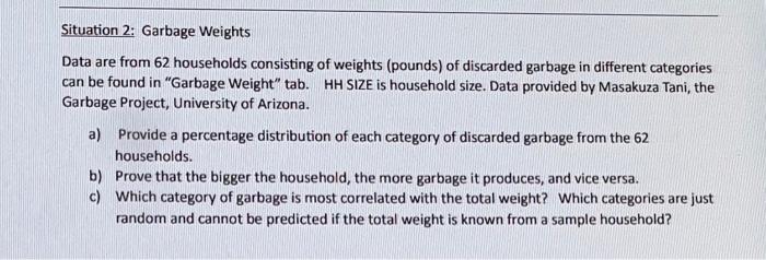 Solved Situation 2: Garbage Weights Data are from 62 | Chegg.com