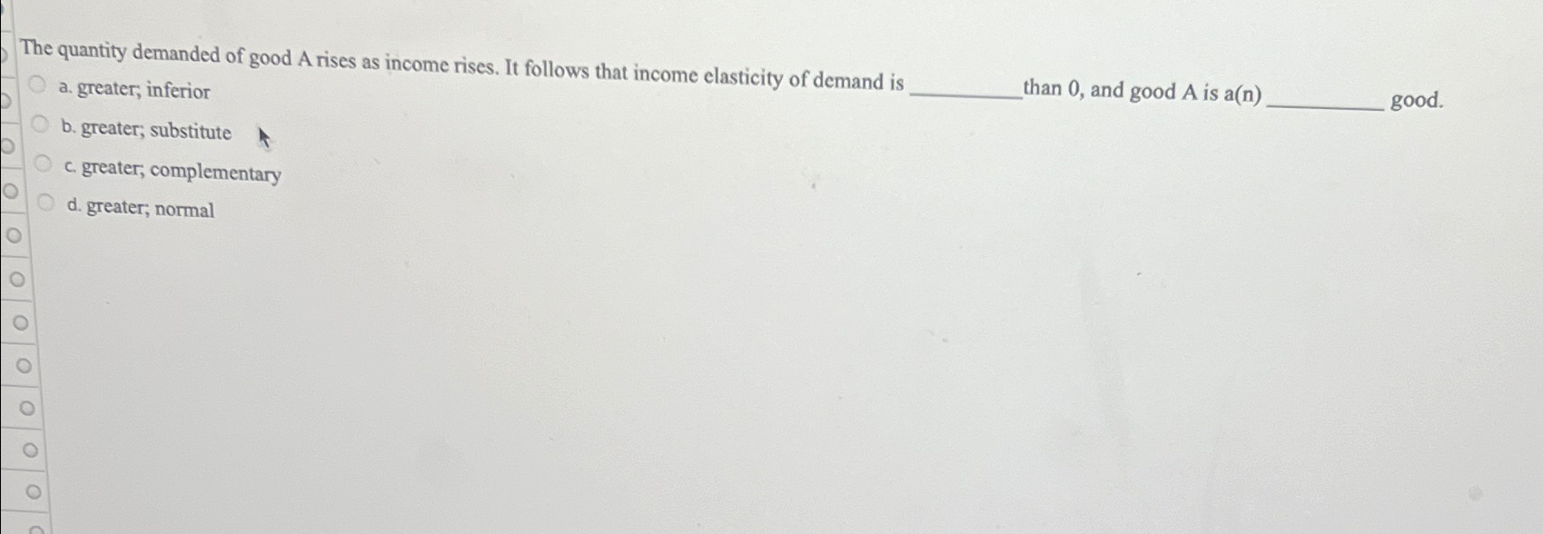 Solved The quantity demanded of good A rises as income | Chegg.com