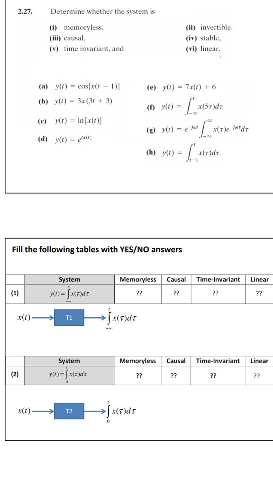 Solved 2.26. (a) Determine whether the system described by | Chegg.com