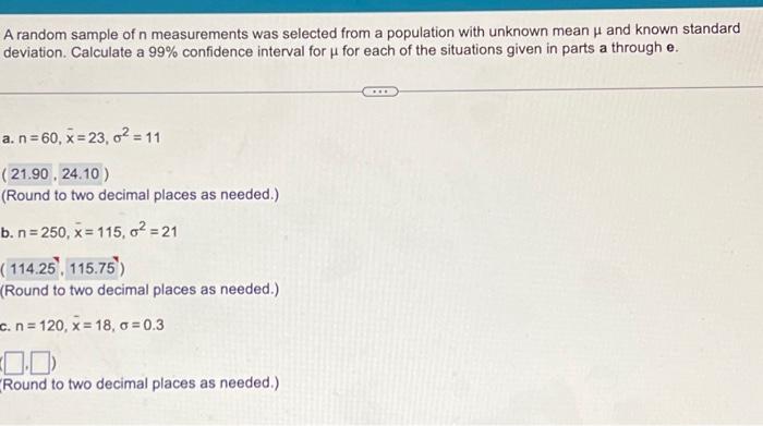 Solved A random sample of n measurements was selected from a | Chegg.com