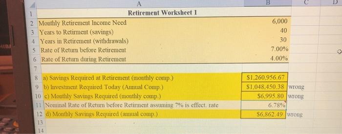 Solved D 6,000 40 30 7.00% 4.00% Retirement Worksheet 1 2 | Chegg.com