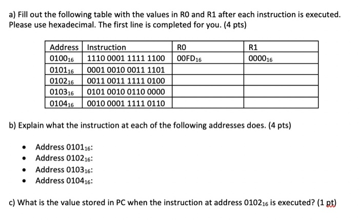 a) Fill out the following table with the values in RO | Chegg.com