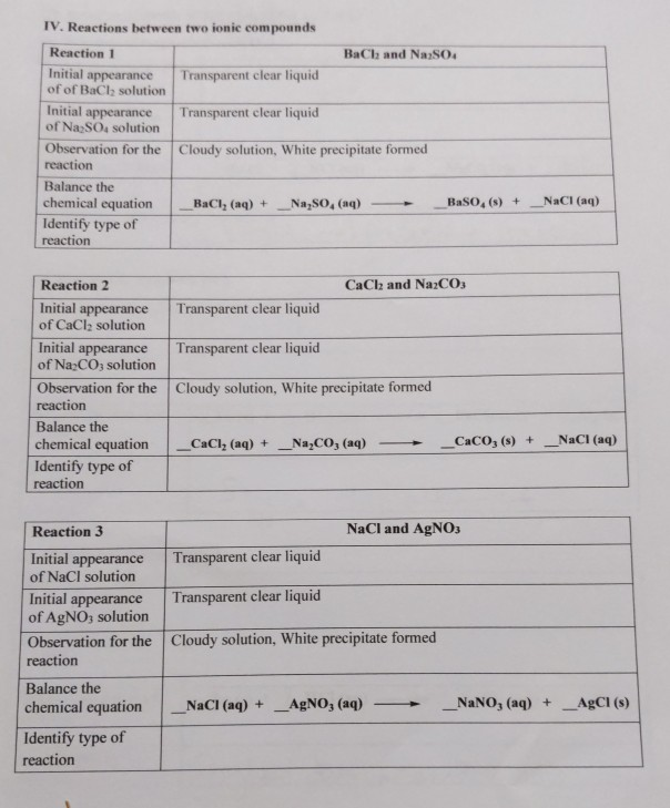 Solved IV. Reactions between two ionic compounds Reaction 1 | Chegg.com