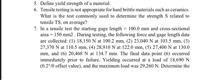 Solved 5. Define yield strength of a material. 6. Tensile | Chegg.com