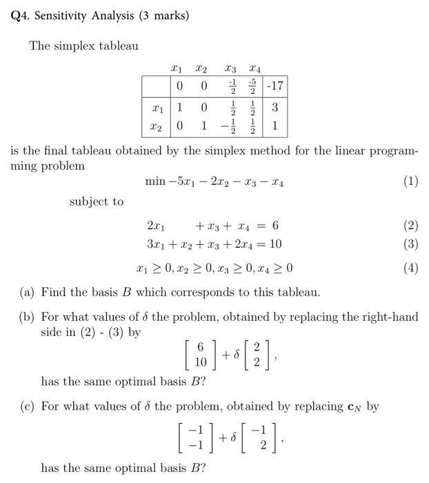 Solved Q4. Sensitivity Analysis (3 Marks) The Simplex | Chegg.com