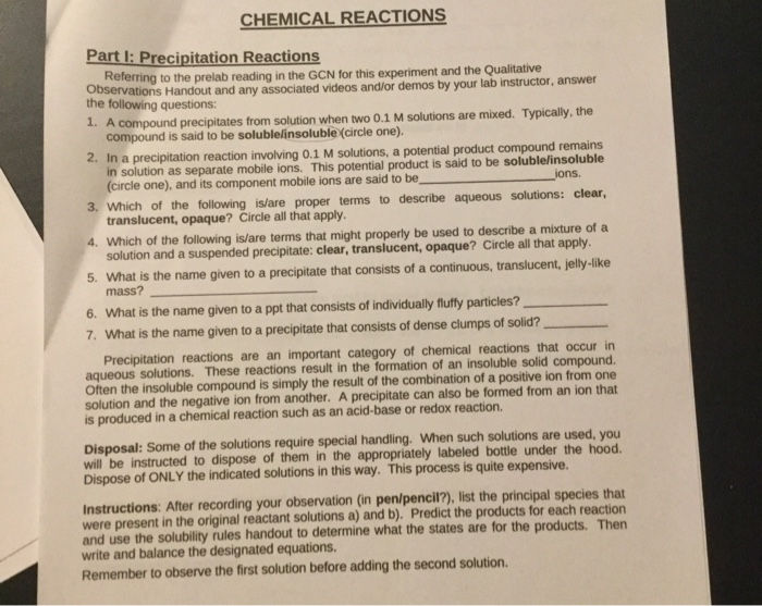 Solved CHEMICAL REACTIONS Part I: Precipitation Reactions | Chegg.com