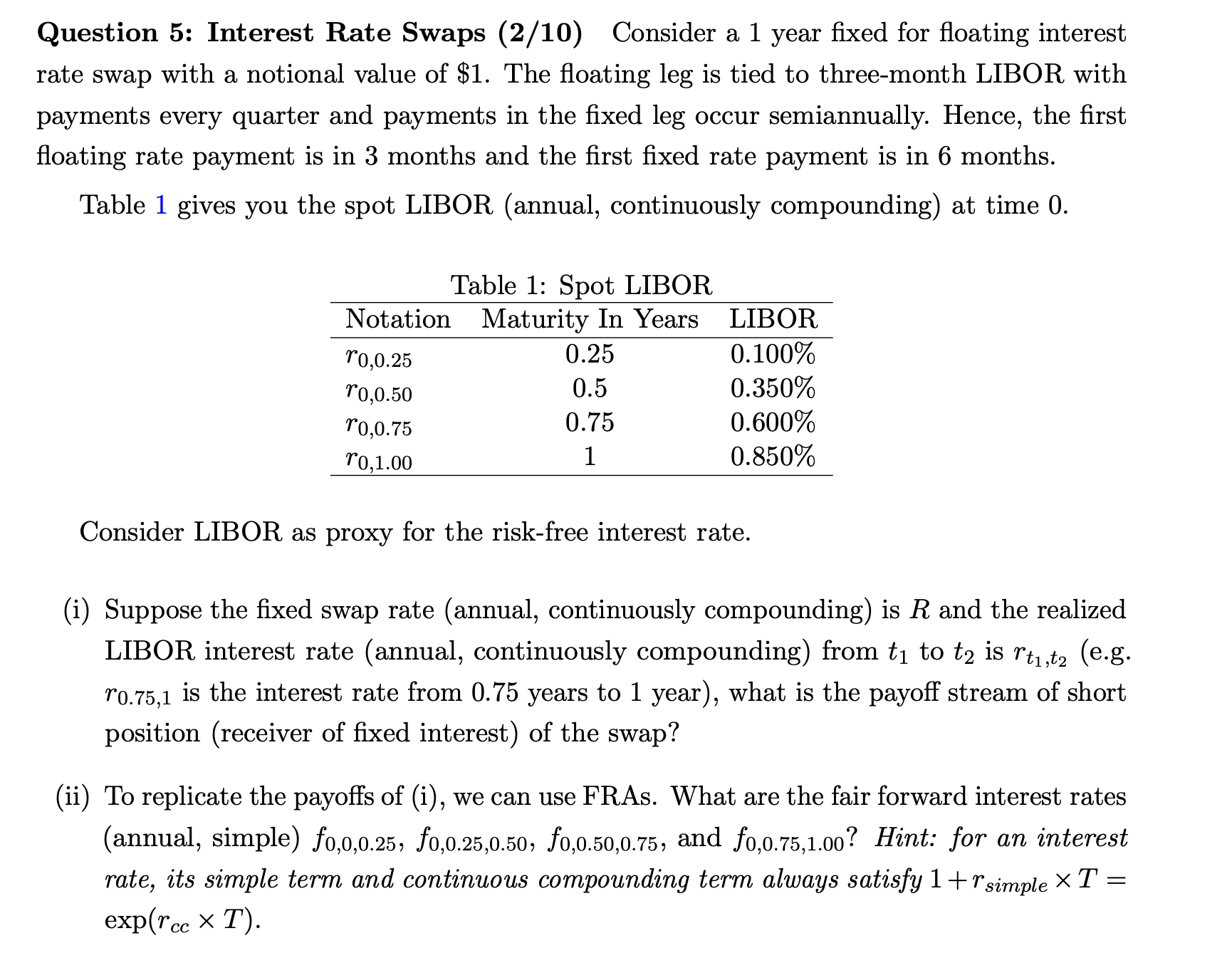 Consider a 1 ﻿year fixed for floating interest rate | Chegg.com