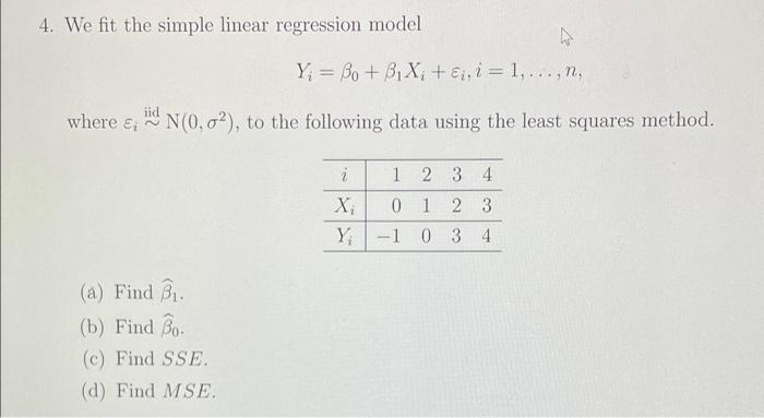 Solved 4 We Fit The Simple Linear Regression Model Y Bo 2105