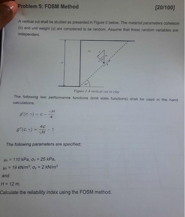 Solved Problem 5: FOSM Method [20/100] A vertical cut shall | Chegg.com