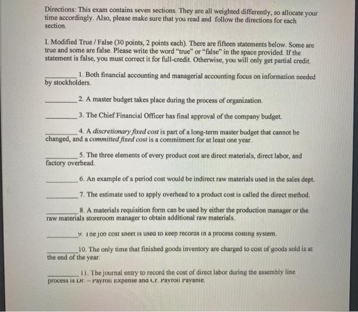Solved Directions: This exam contains seven sections. They | Chegg.com