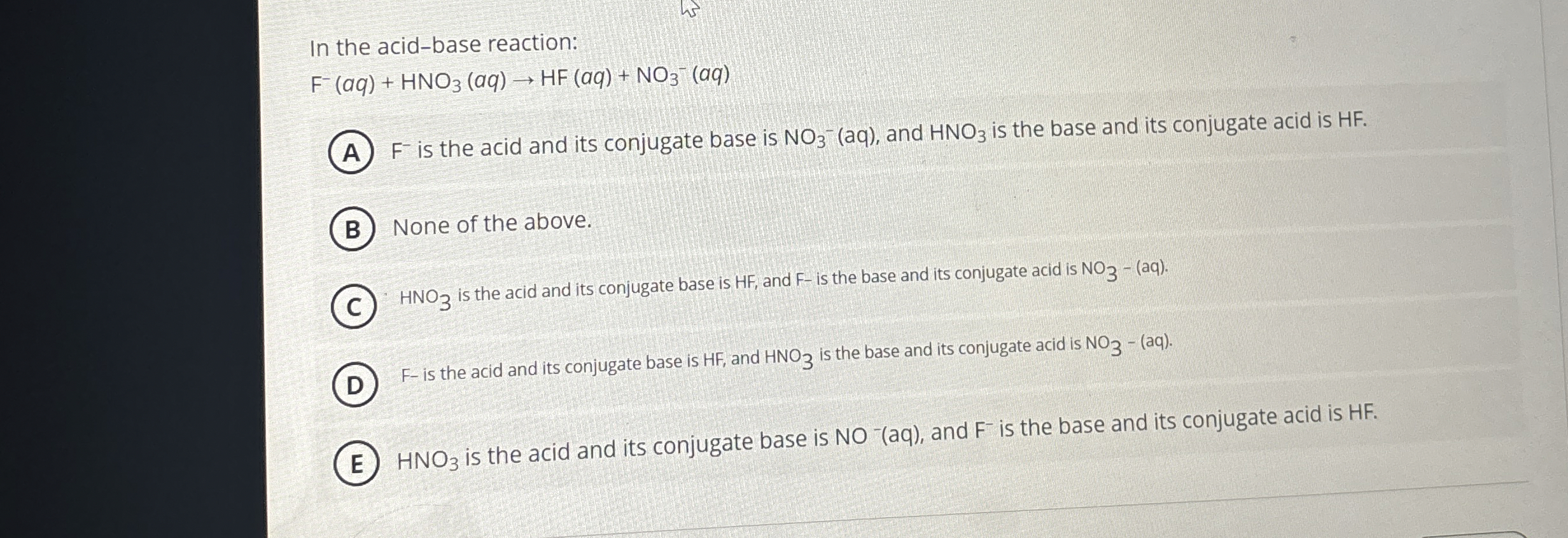 Solved In The Acid Base Chegg Com