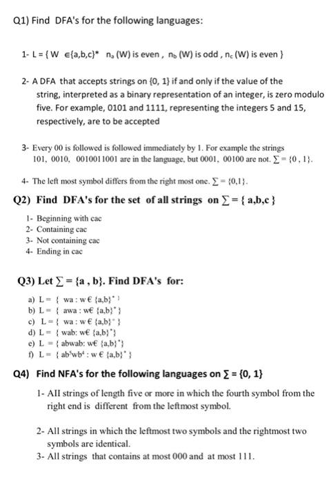 Q1 Find Dfa S For The Following Languages 1 L Chegg Com