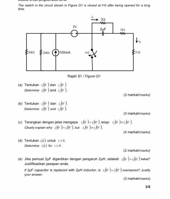 Solved The switch in the circuit shown in Figure Q1 is | Chegg.com