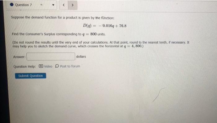 Solved Question 7 > Suppose the demand function for a | Chegg.com