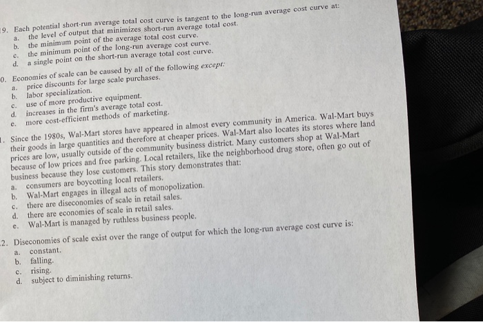Solved 9 Each Potential Short run Average Total Cost Curve Chegg