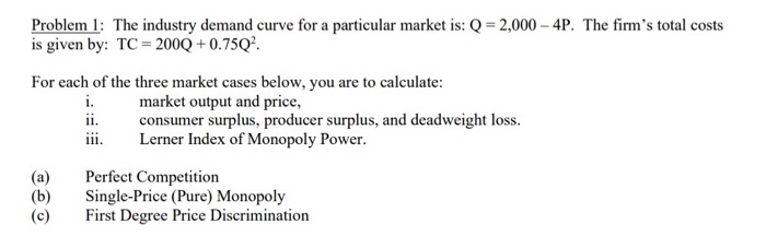 Solved Problem 1: The industry demand curve for a particular | Chegg.com