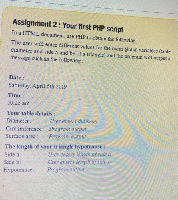 Solved Assignment 2: Your first PHP script In a HTML | Chegg.com