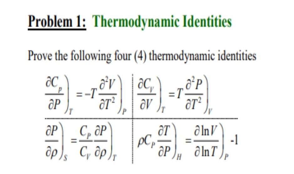 Solved Problem 1: Thermodynamic Identities Prove the | Chegg.com