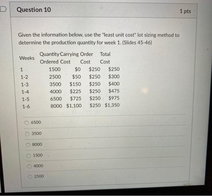 Solved Question 10 1 pts Given the information below, use