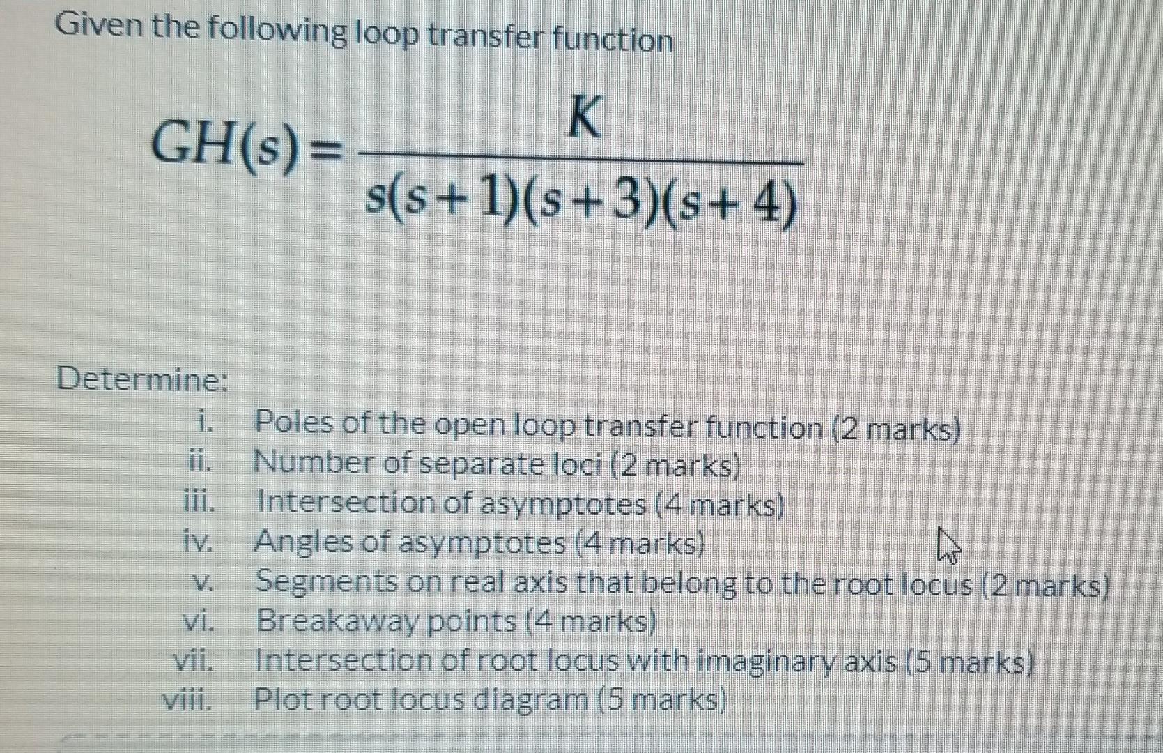 Solved Given the following loop transfer function GH(s)= K | Chegg.com