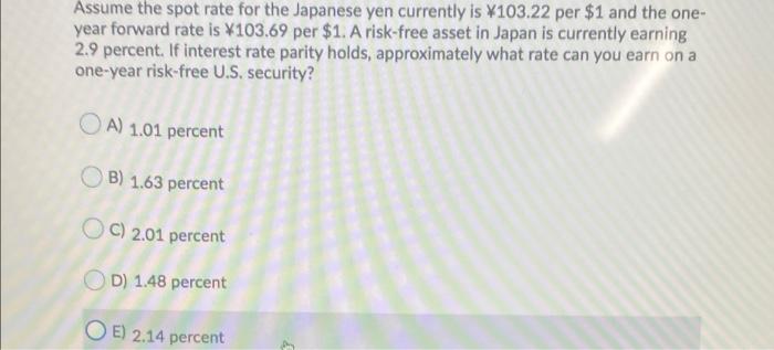 Solved Assume The Spot Rate For The Japanese Yen Currently | Chegg.com