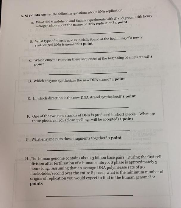 Solved 5. 15 points Answer the following questions about DNA | Chegg.com