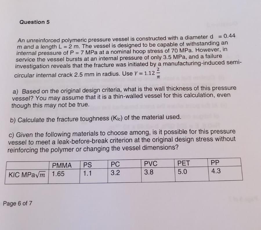 Solved An Unreinforced Polymeric Pressure Vessel Is 4946