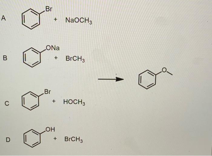 Solved Br А. + NaOCH3 CONA B + BrCH3 Br + с HOCH3 ОН D + | Chegg.com