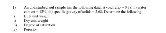 Solved 1) An undisturbed soil sample has the following data; | Chegg.com
