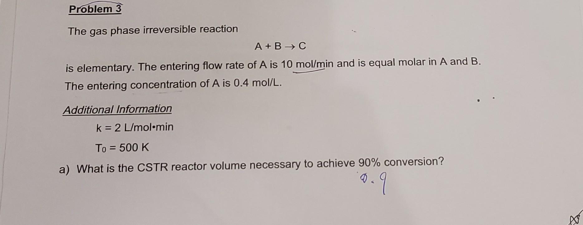 Solved Problem 3 The Gas Phase Irreversible Reaction A+B → C | Chegg.com