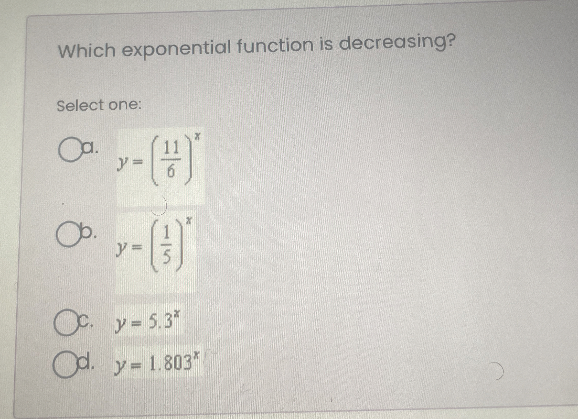 Solved Which exponential function is decreasing?Select | Chegg.com